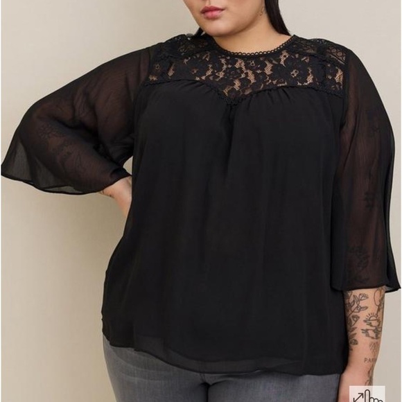 Torrid Women’s Crinkle Chiffon Lace Trim Top Size 2X Sheer Witchy Flounce - Picture 1 of 13